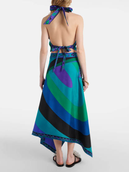 Retro Ssymmetric Satin Print Midi Skirt