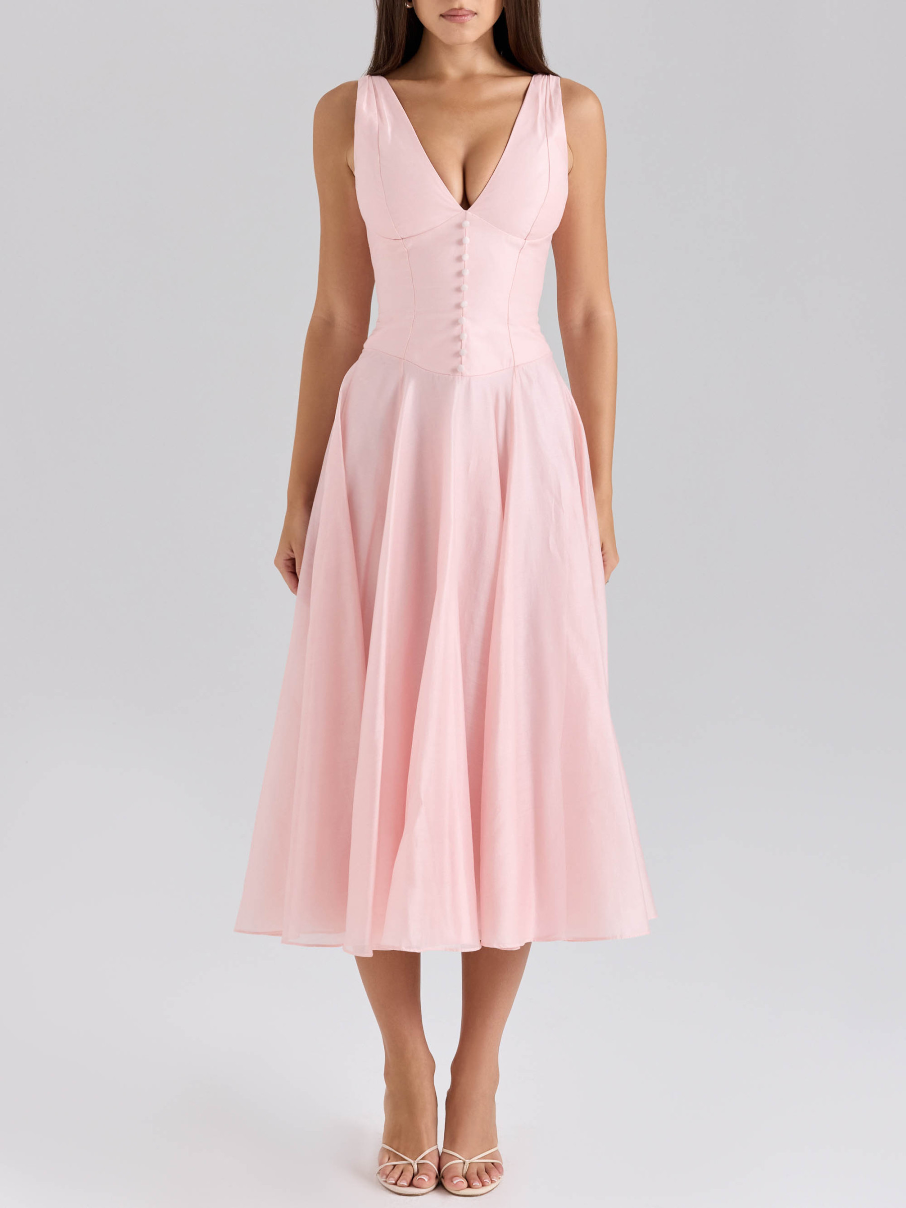 Elegant V-neck Chiffon Button Midi Dress