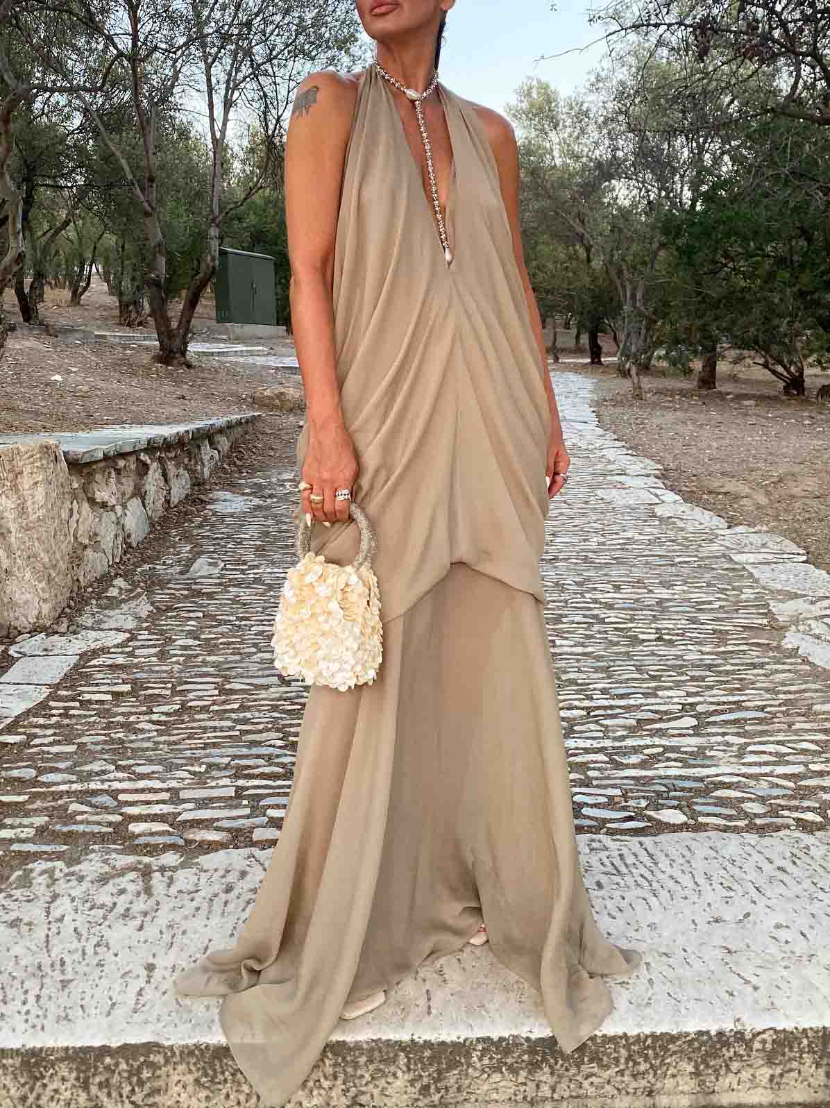Elegant Draped Halter Neck Layered Maxi Dress