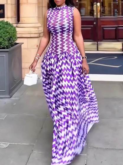 Unique Purple Zigzag Print Stretch Maxi Dress
