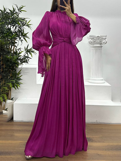 Elegant Pleated Flowy Long-Sleived Maxi Dress