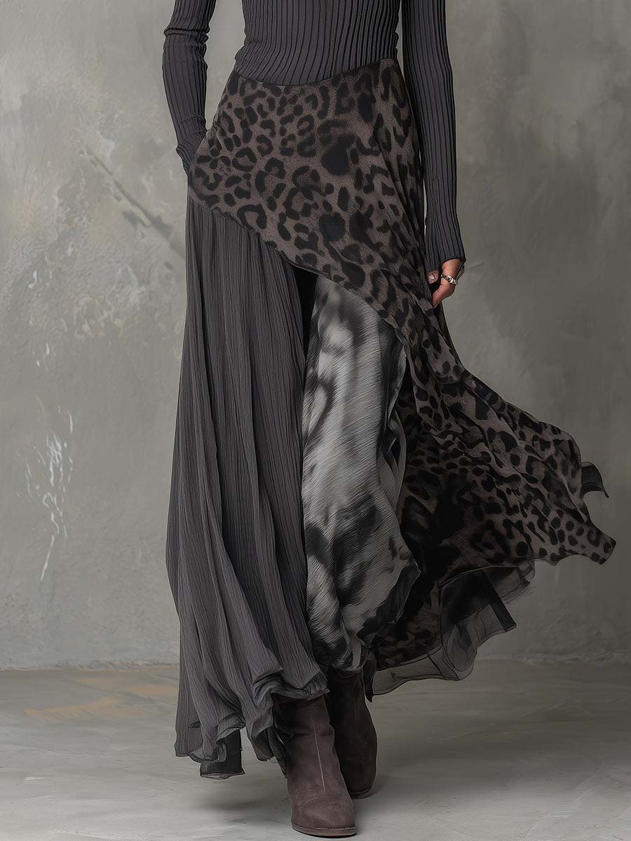 Casual Leopard Print Patchwork Irregular Hem Maxi Dress