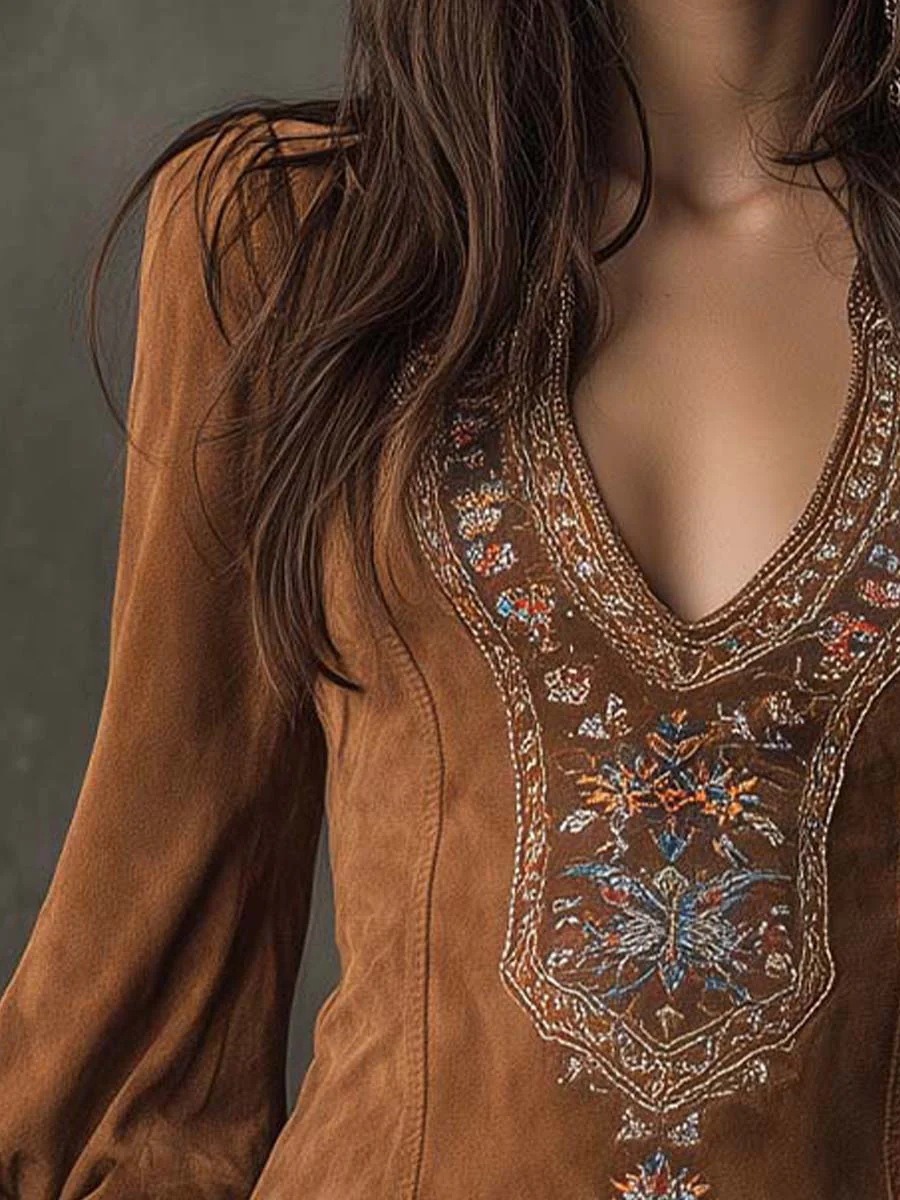 Retro V-neck Embroidered Mini Dress