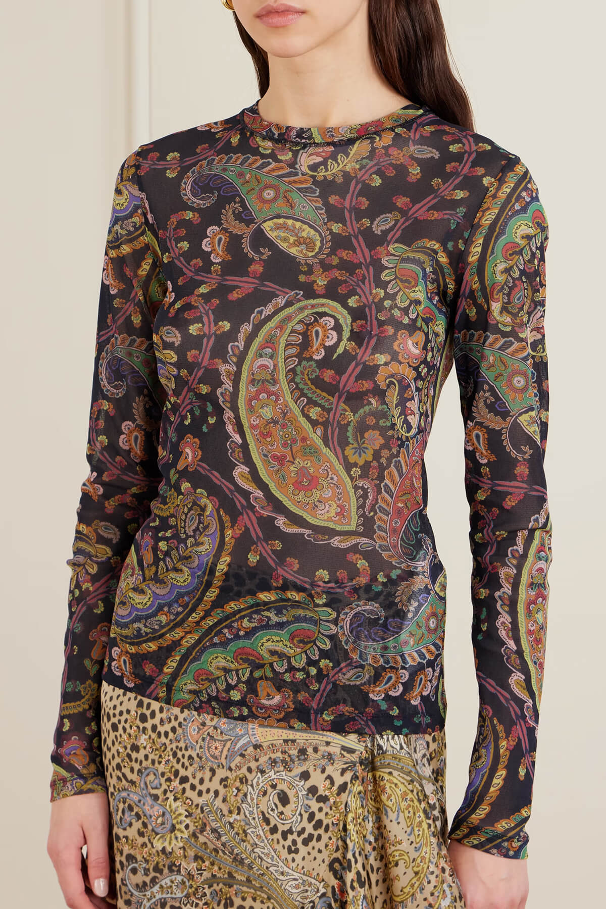 Exquisite Paisley Print Mesh Top
