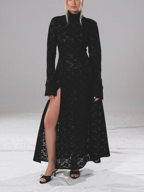 Elegant High-neck Lace Robe & Trousers Two-piece Set