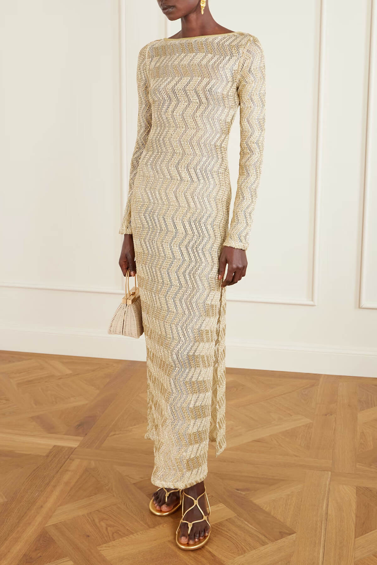 Casual Backless Metallic Crochet Maxi Dress