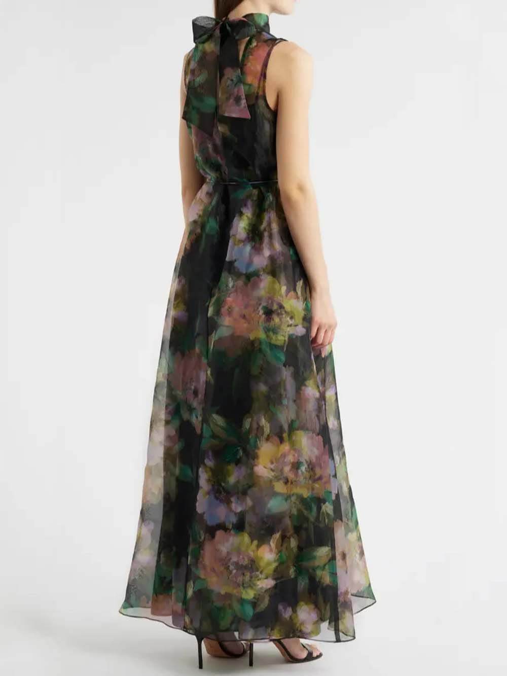 Unique Floral Print Tie-Drawn Chiffon Cocktail Maxi Dress