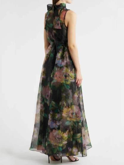 Unique Floral Print Tie-Drawn Chiffon Cocktail Maxi Dress
