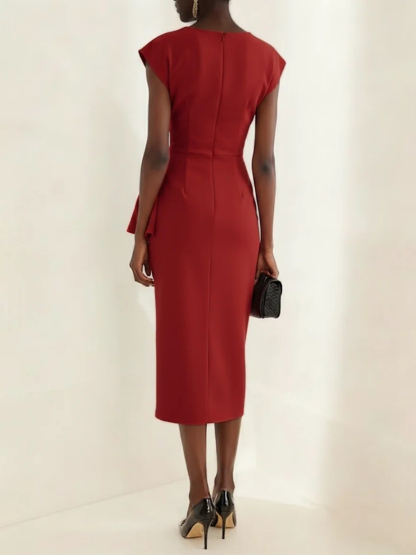 Elegant Draped Neckline Fitted Midi Dress