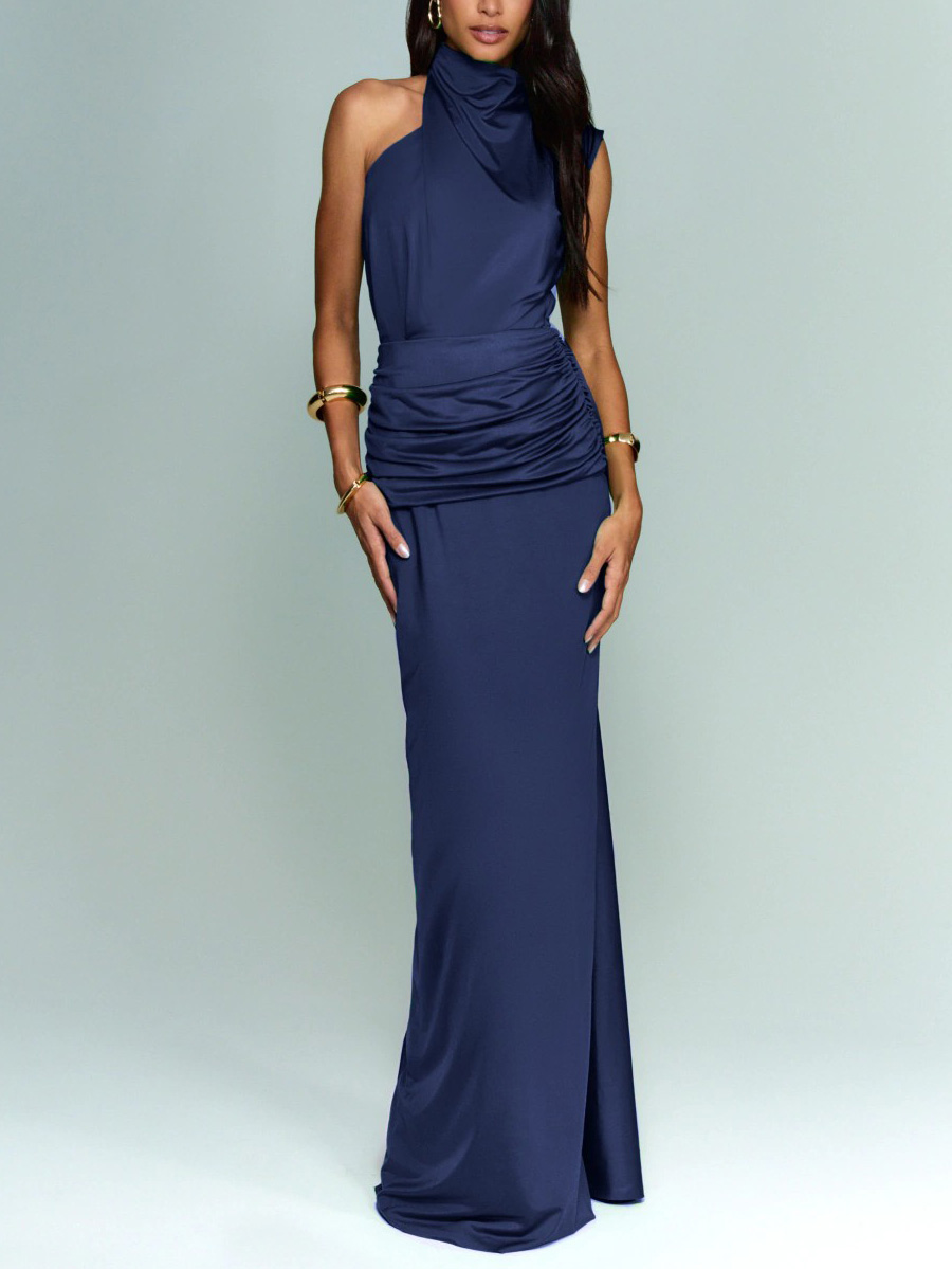 Elegant Asymmetrical Neckline Pleated Maxi Dress