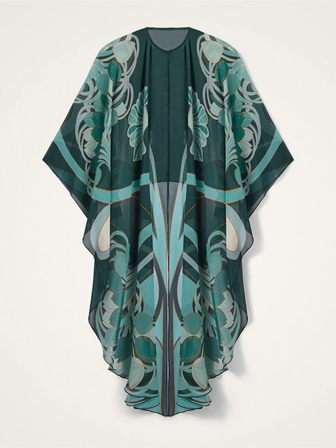 Unique Art Nouveau Printed Tulle Shawl Dress Set