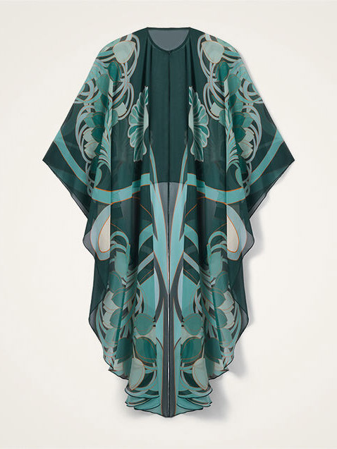 Unique Art Nouveau Printed Tulle Shawl Dress Set