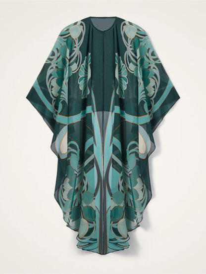 Unique Art Nouveau Printed Tulle Shawl Dress Set