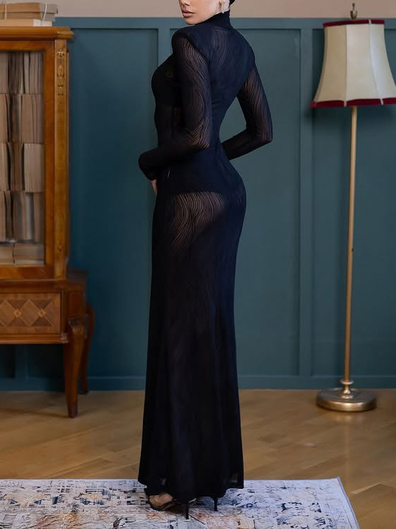 Elegant High-Neck Sheer Wave-Pattern Maxi Dress