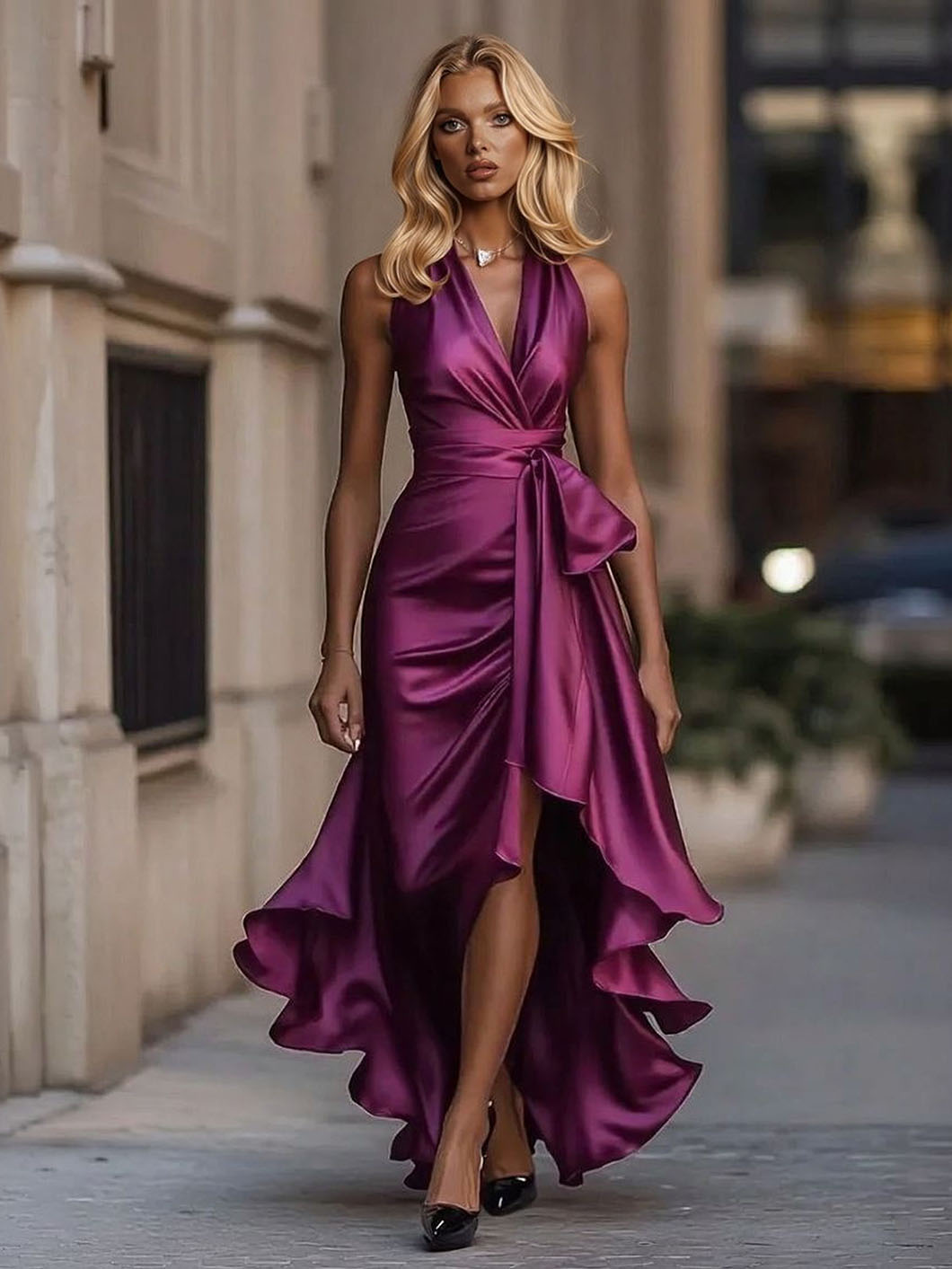Elegant Satin Sleeveless Ruffle Wrap Maxi Dress