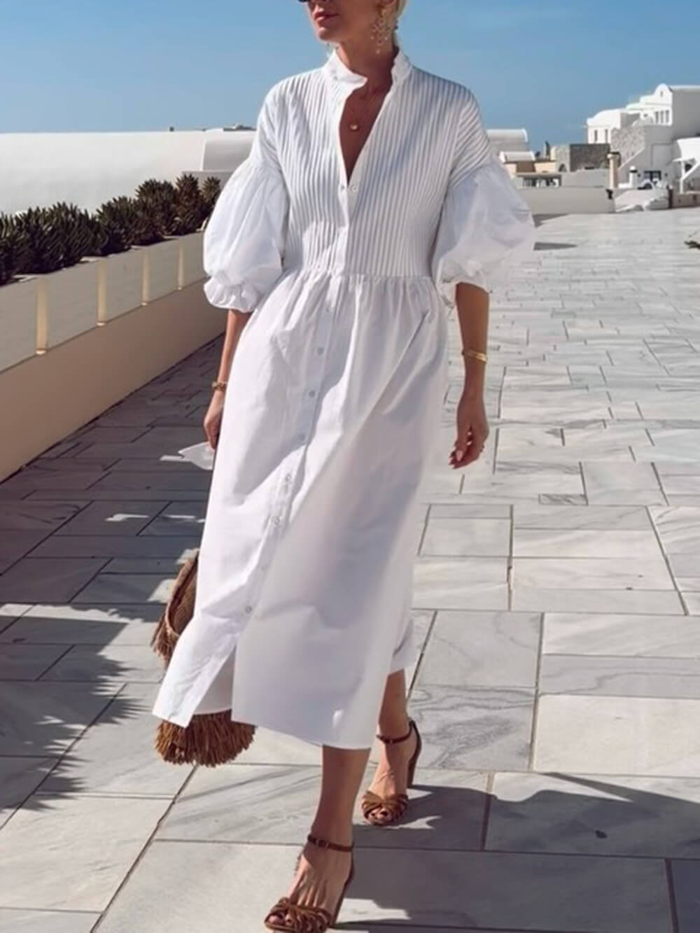 Bohemian Ruched Lantern Sleeve Midi Dress