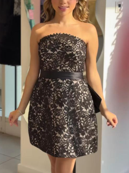 Elegant Strapless Lace Bow Mini Dress