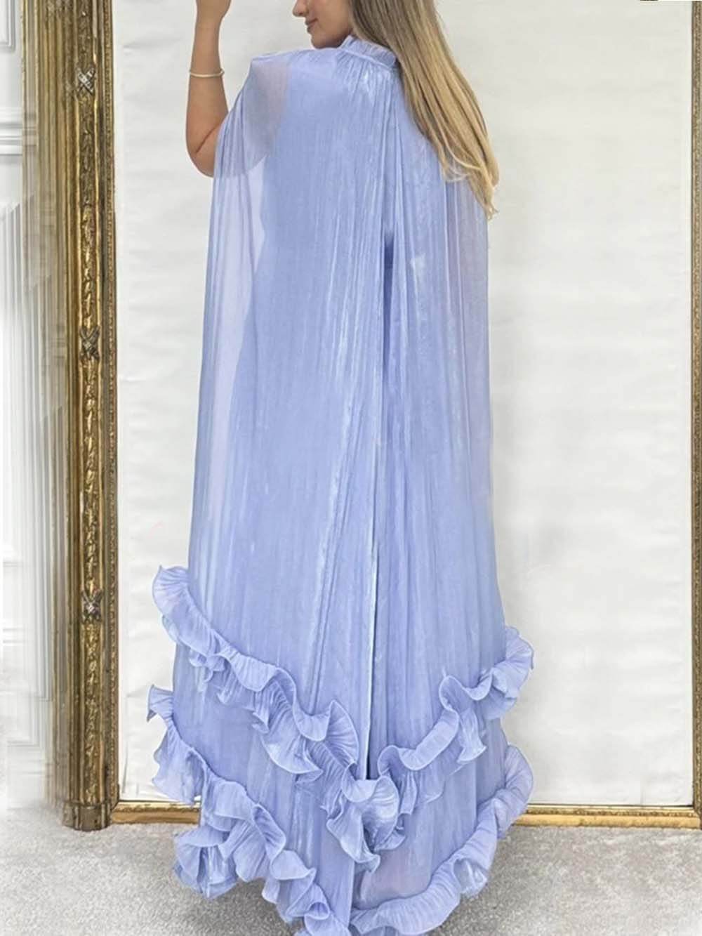 Exquisite Fashionable V-neck Lace-up Ruffled Double-layer Hem Maxi Dress