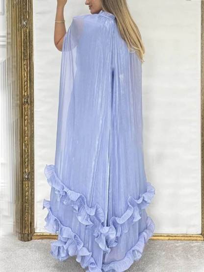Exquisite Fashionable V-neck Lace-up Ruffled Double-layer Hem Maxi Dress