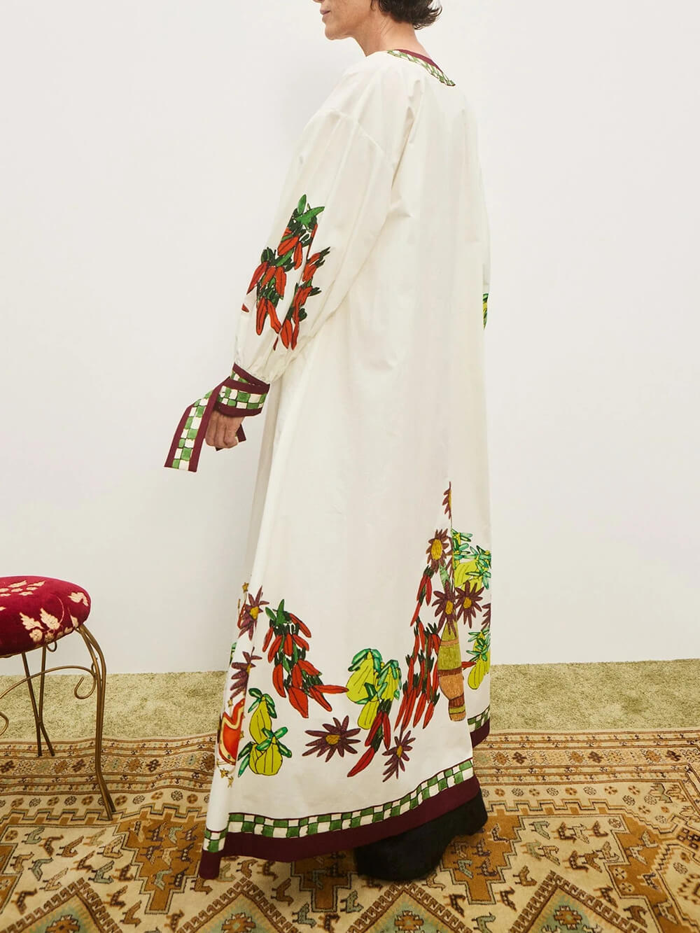 Unique Floral Print V-Neck Cuff Buttons Loose Maxi Dress