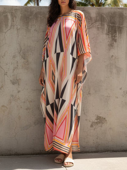Simple Retro Triangle Print Slit Kimono Maxi Dress