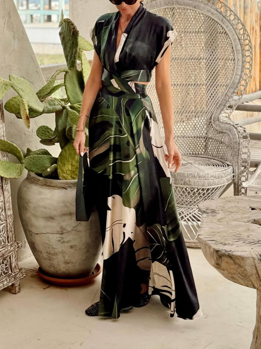 Bohemian Palm Leaf Print Maxi Dress