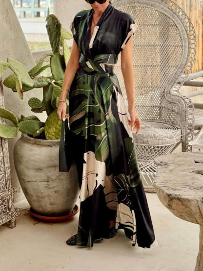 Bohemian Palm Leaf Print Maxi Dress