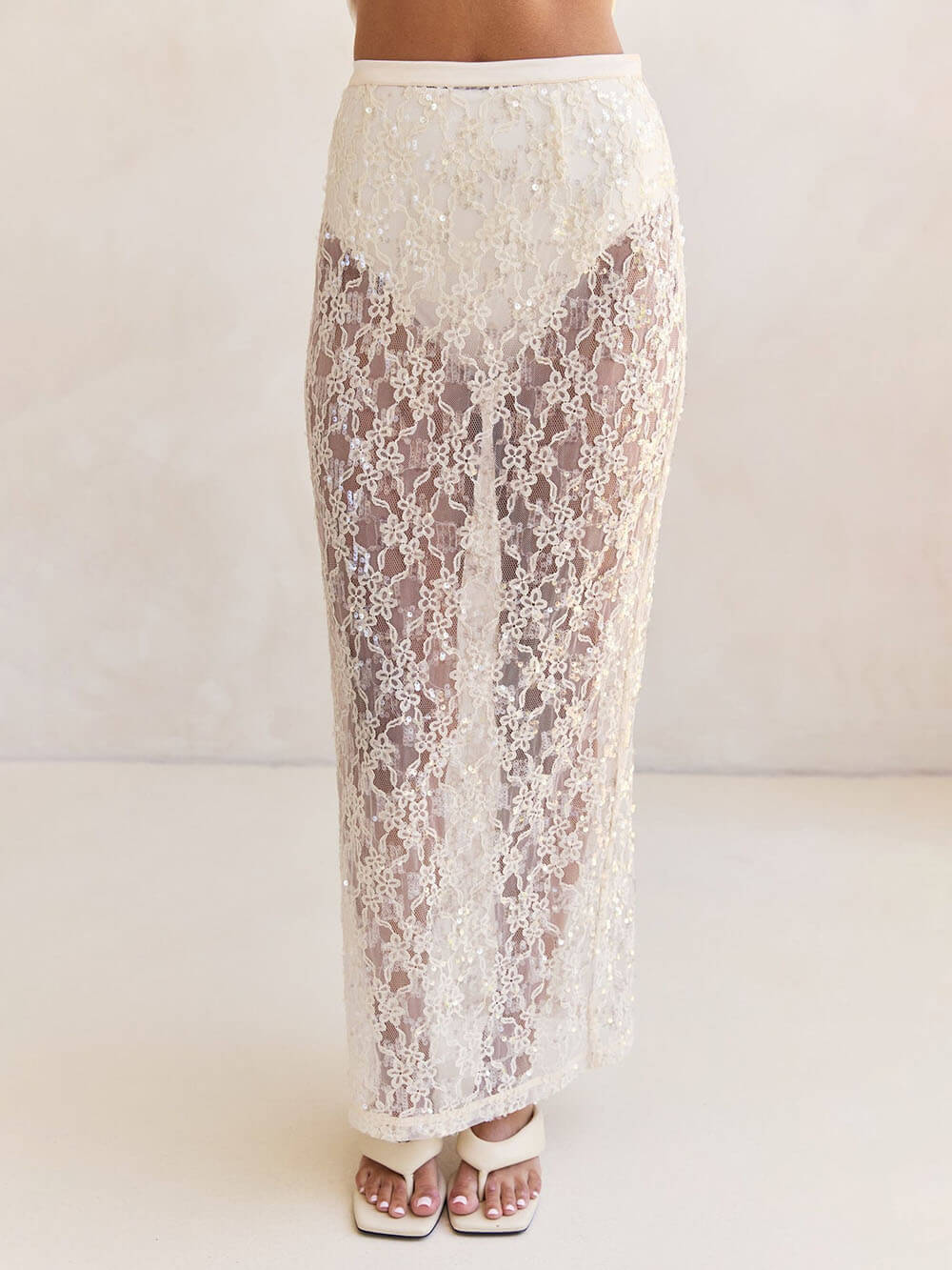 Elegant Off-Shoulder Strap A-Line Top Sheer Sequin Lace High-Waist Maxi Skirt Set