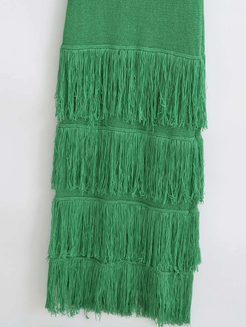 Elegant Solid Color Sleeveless Slim Fit Fringed Hem Knitted Maxi Dress