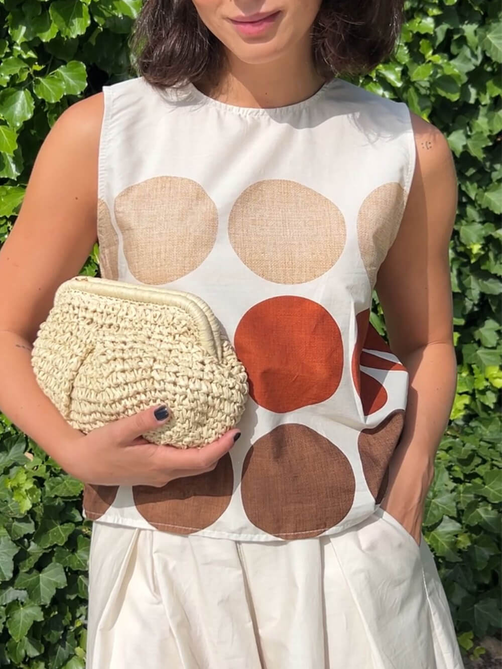 Retro Unique Round Print Pocket Pleated Flared Pants