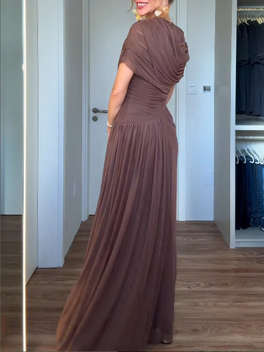 Elegant Asymmetrical Pleated Mesh Short-sleeved Maxi Dress