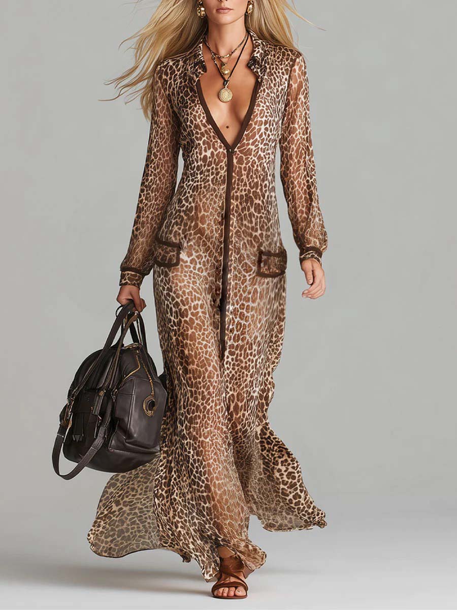 Elegant Chiffon Leopard Print Maxi Dress