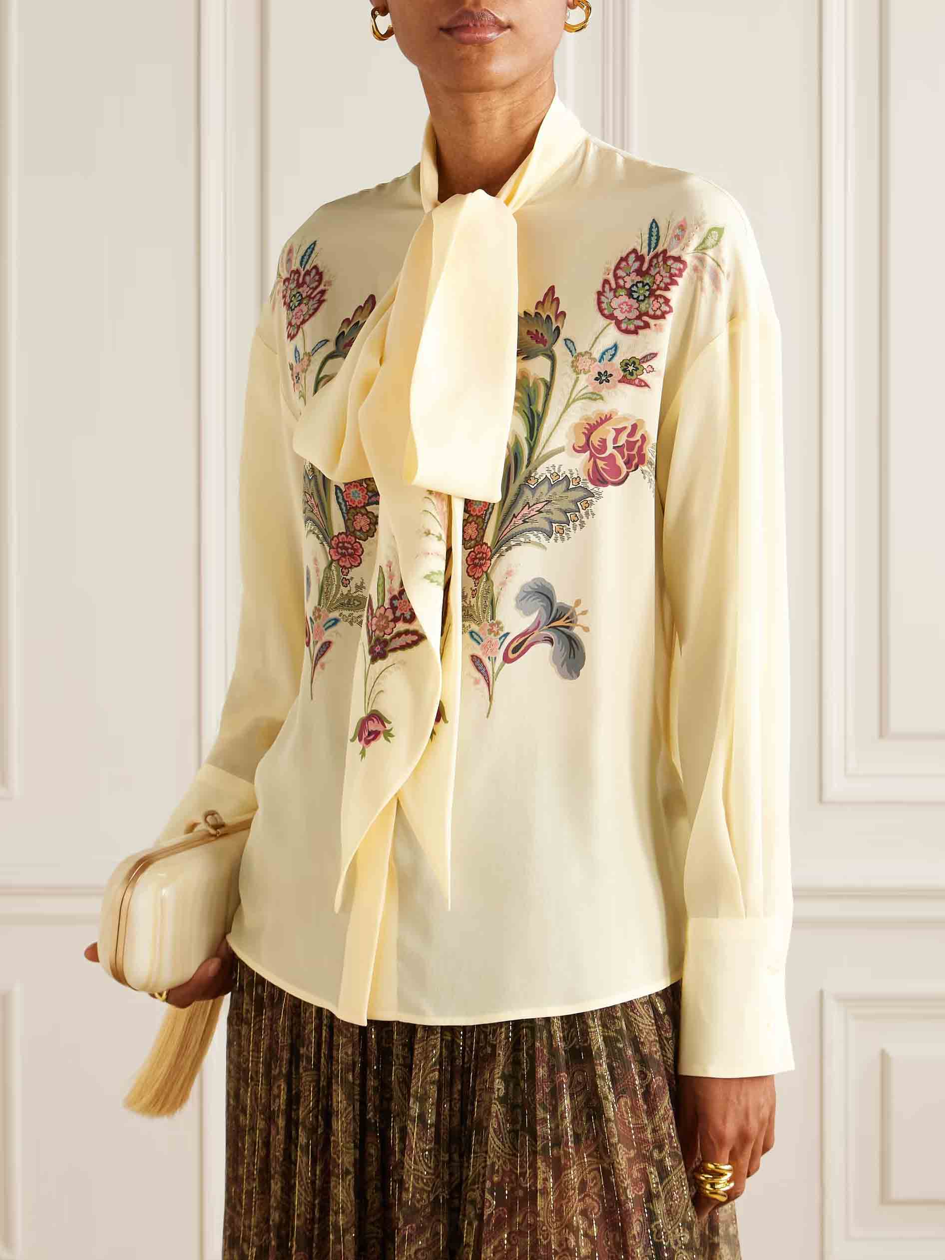 Retro Bow Neckline Floral Print Chiffon Shirt