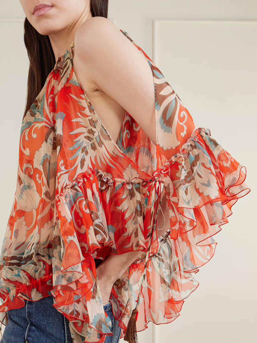 Modern Off-Shoulder Asymmetric Fringe Ruffle Printed Chiffon Blouse