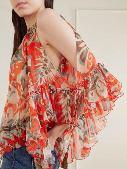 Modern Off-Shoulder Asymmetric Fringe Ruffle Printed Chiffon Blouse