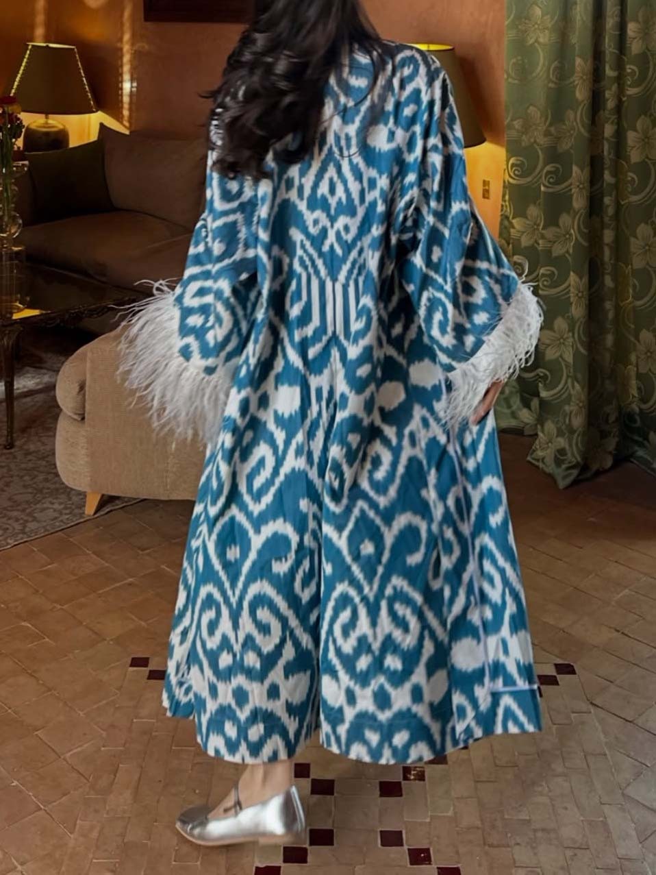 Elegant Printed Feather Cuff Long Coat