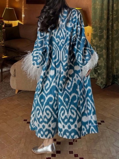 Elegant Printed Feather Cuff Long Coat