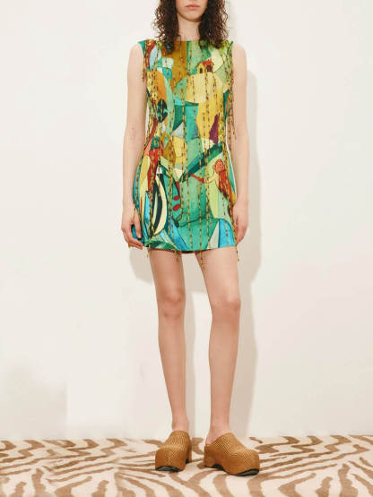 Exquisite Printed Straight Neck Fringe Mini Dress