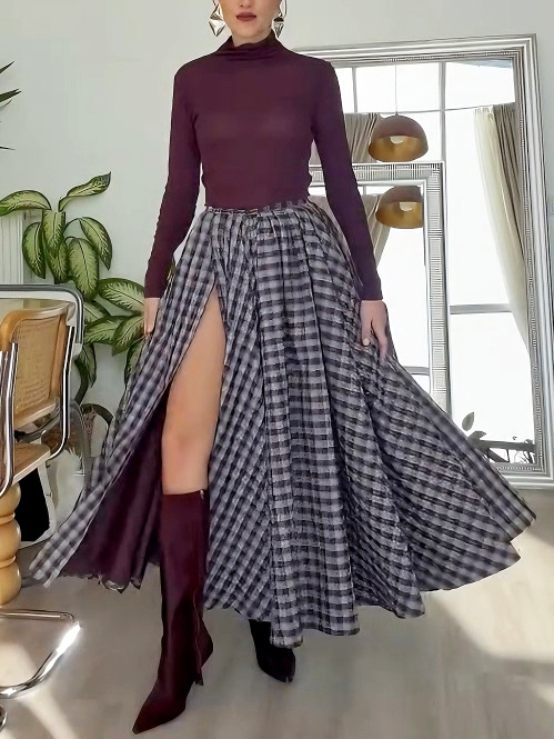 Elegant Plaid High-Slit Maxi Skirt