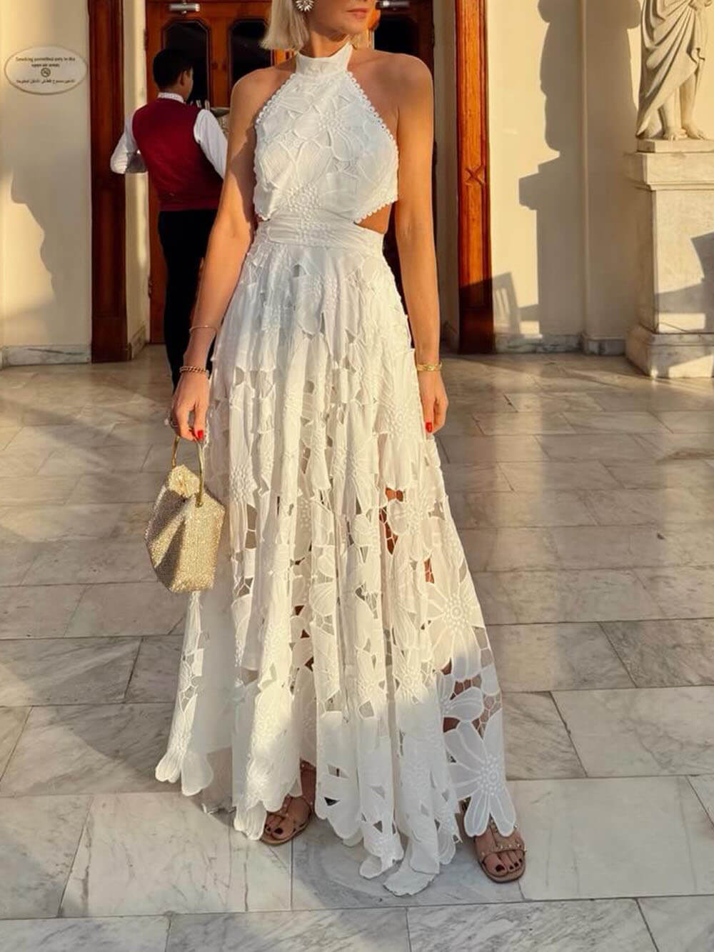 Exquisite Lace Crochet Backless Tie Maxi Dress