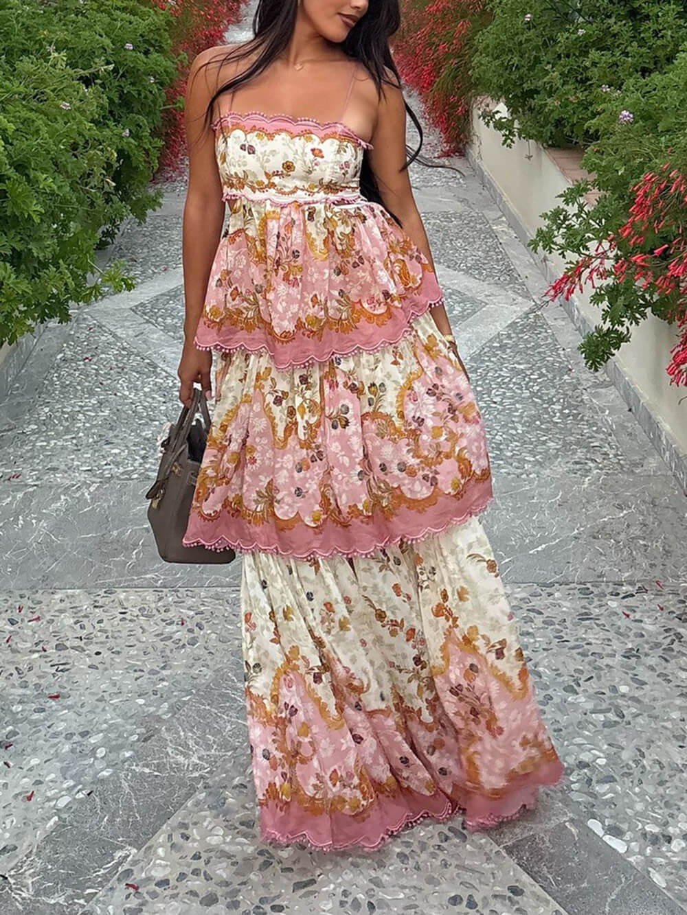 Delicate Floral Print Off-Shoulder Tiered Cami Maxi Dress