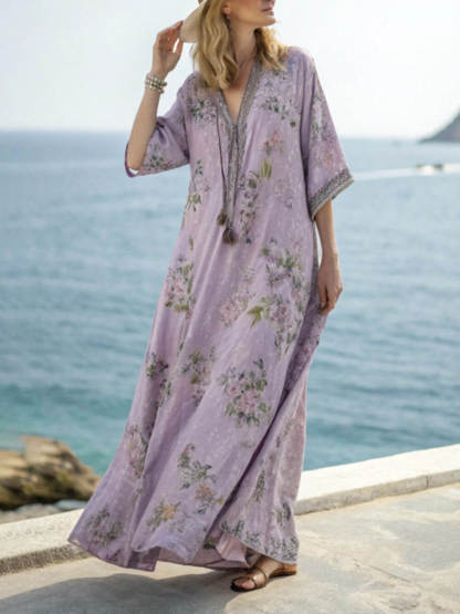 Bohemian Floral Print Off-Shoulder Half Sleeve Kimono Maxi Dress