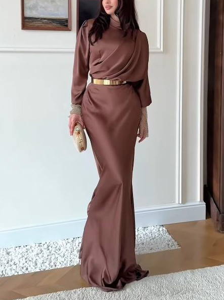 Elegant Satin Long-sleeved Pleated Maxi Dress