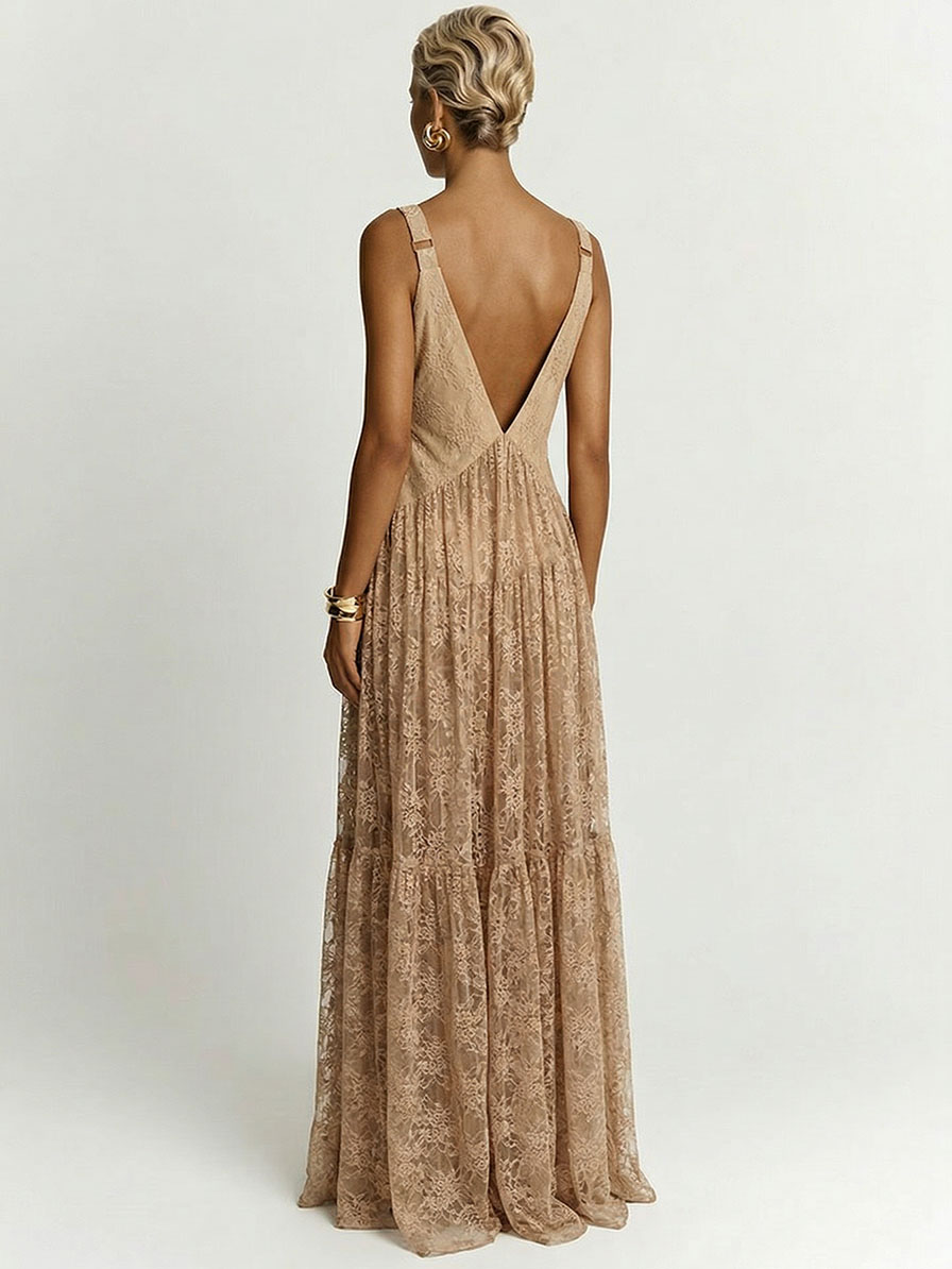 Elegant Lace Deep V-neck Tulle Maxi Dress