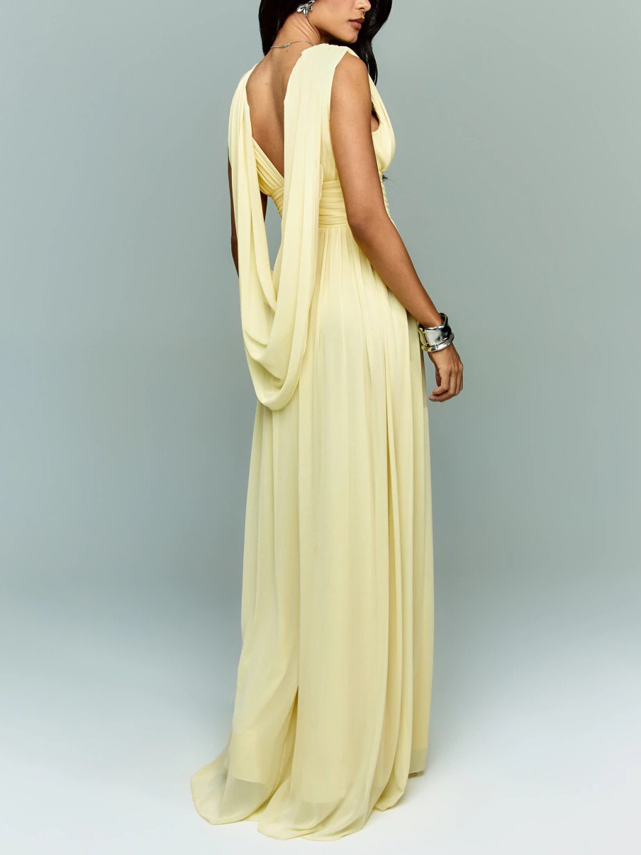 Elegant Chiffon Backless Ruched Maxi Dress