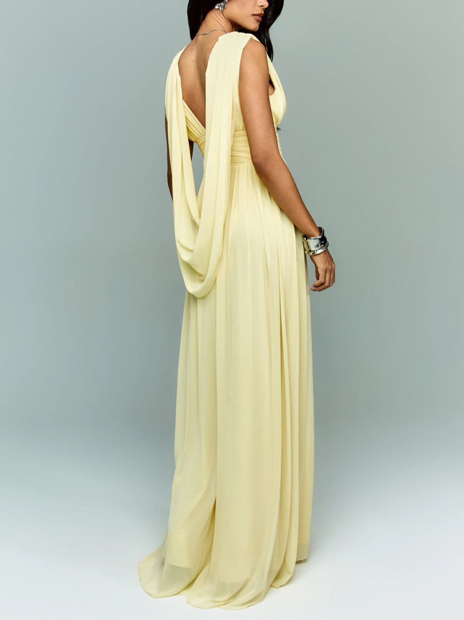 Elegant Chiffon Backless Ruched Maxi Dress