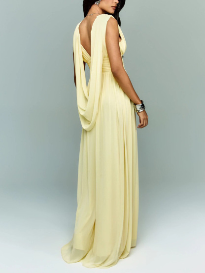 Elegant Chiffon Backless Ruched Maxi Dress