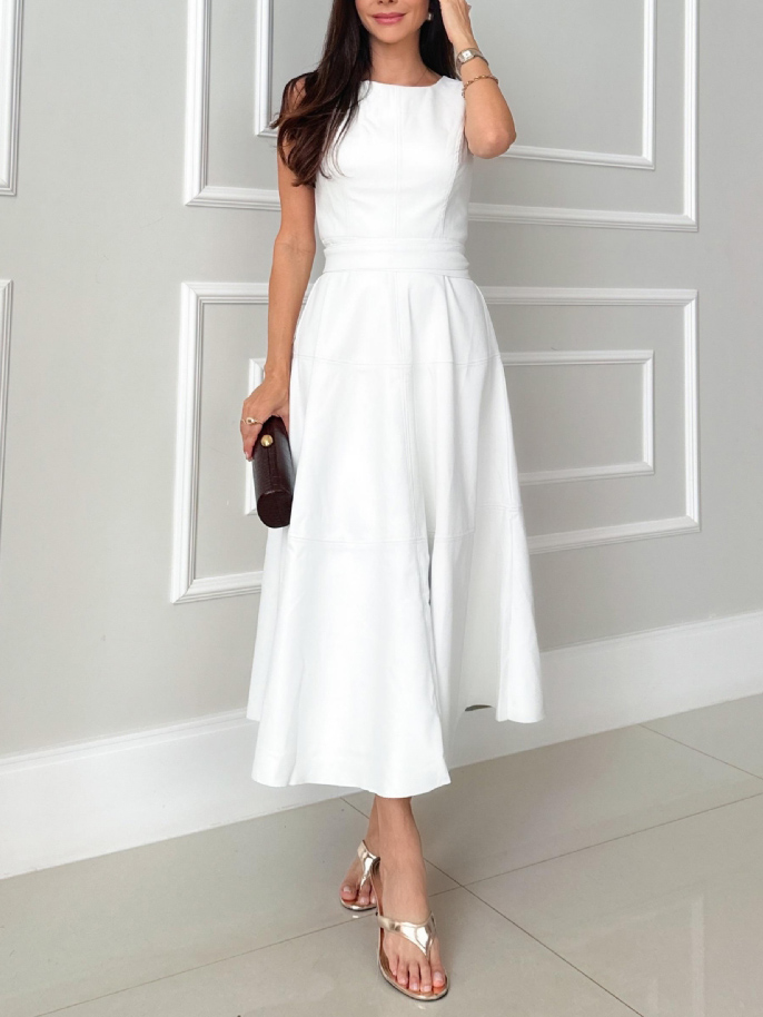 Elegant Sleeveless Leather-Look Midi Dress