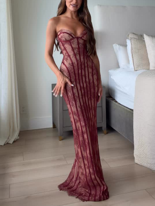 Elegant Strapless Lace Corset Maxi Dress
