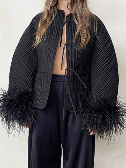 Chic Street-Style Tie-Up Feather Paneled Coats